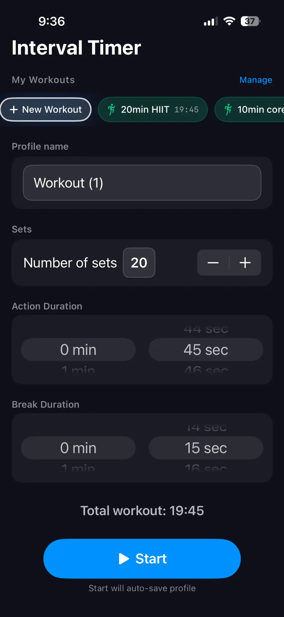 IntervalFree home screen